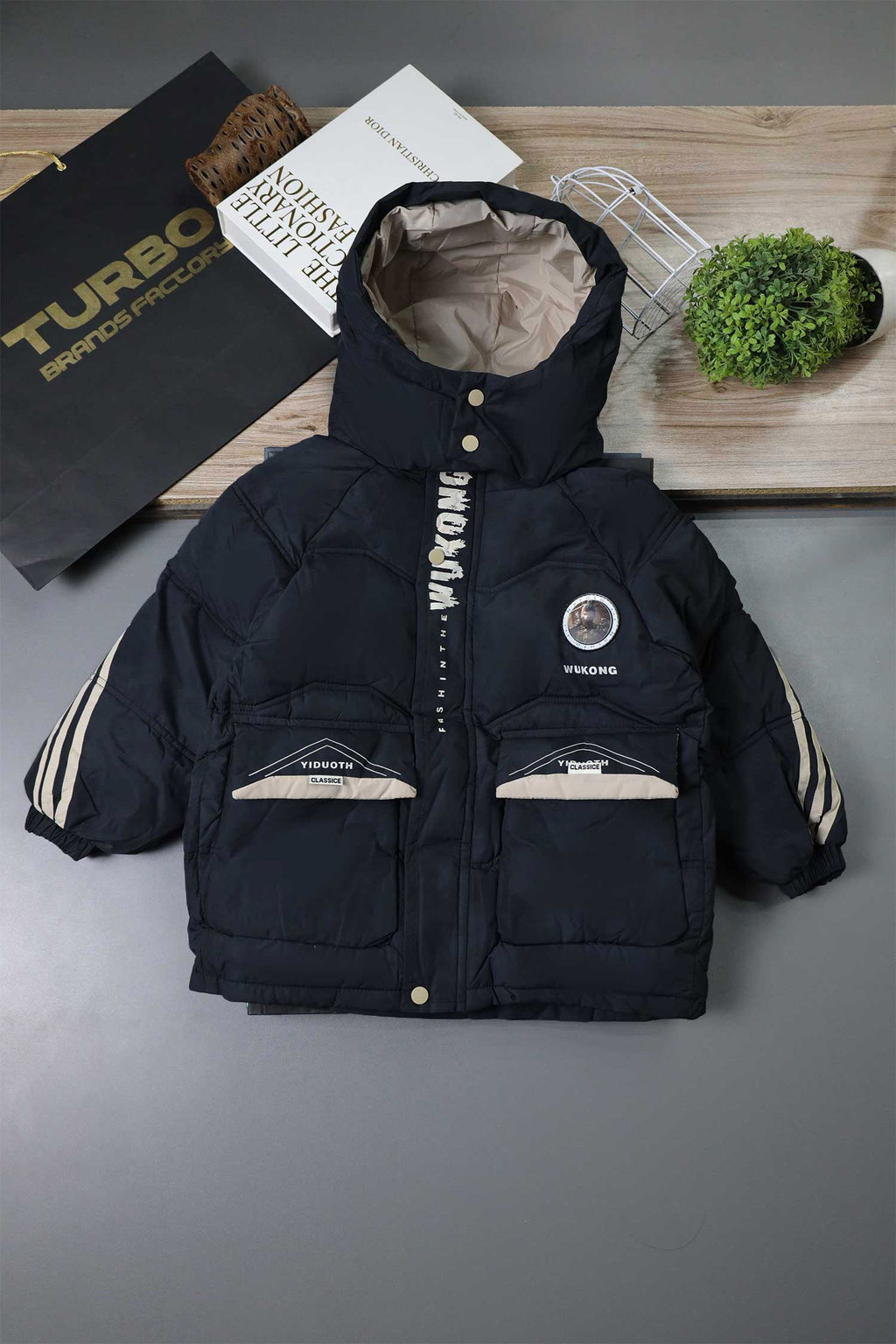 Button Placket Hooded Boys Kids Puffer Jacket