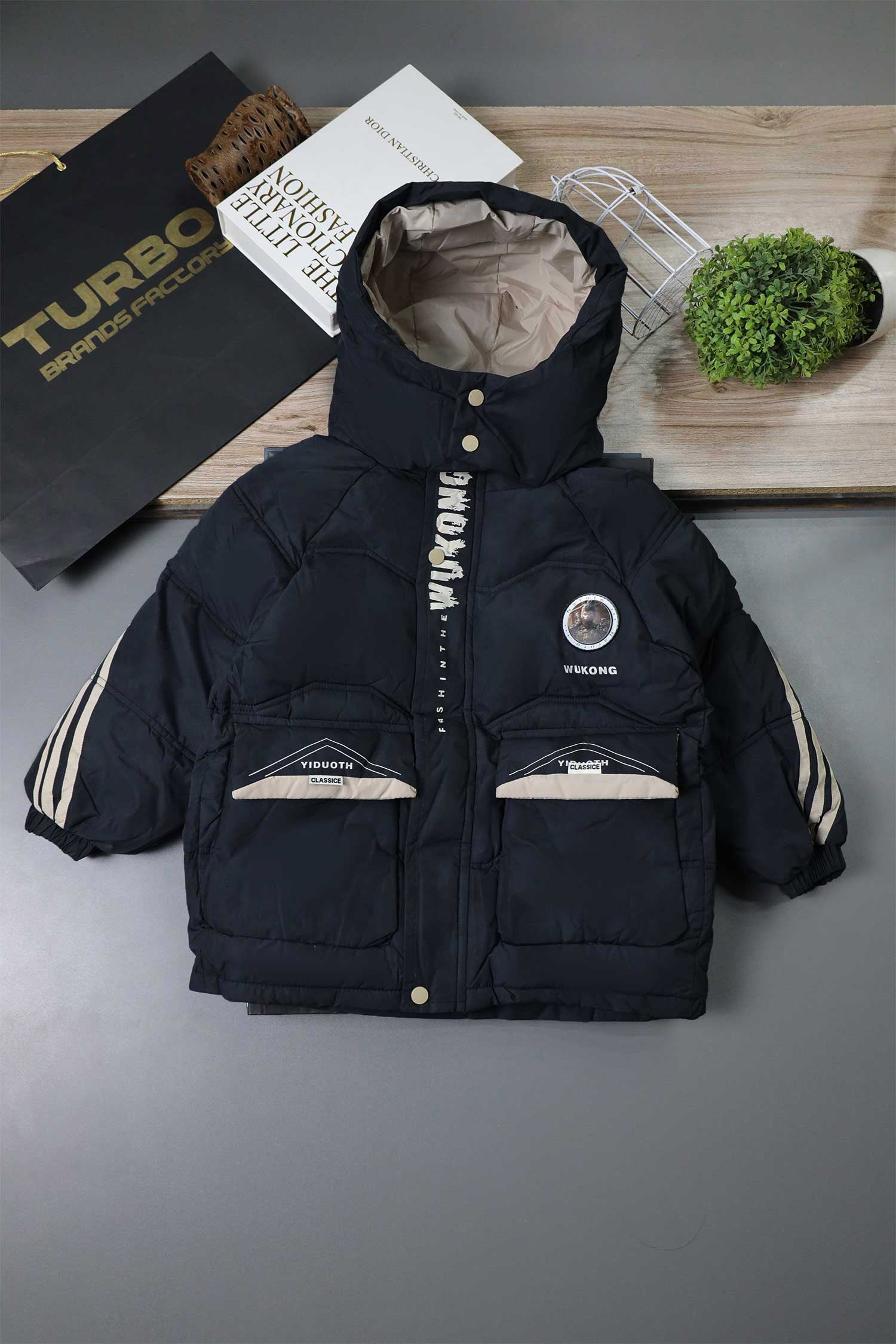 Button Placket Hooded Boys Kids Puffer Jacket