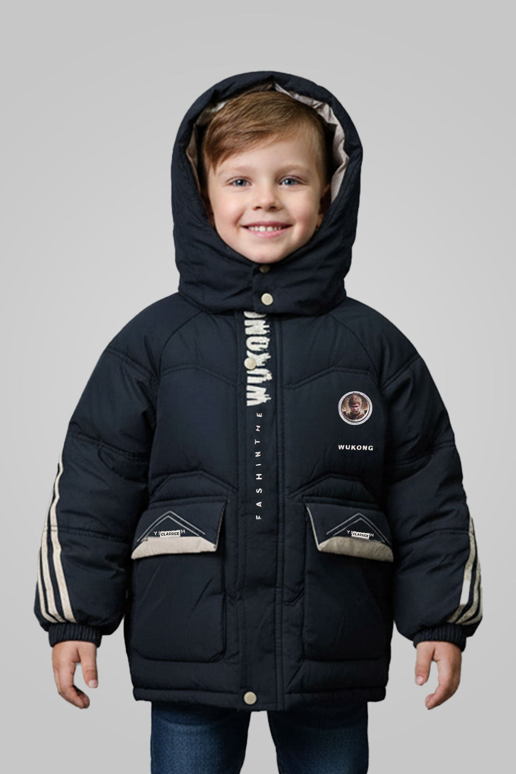 Button Placket Hooded Boys Kids Puffer Jacket