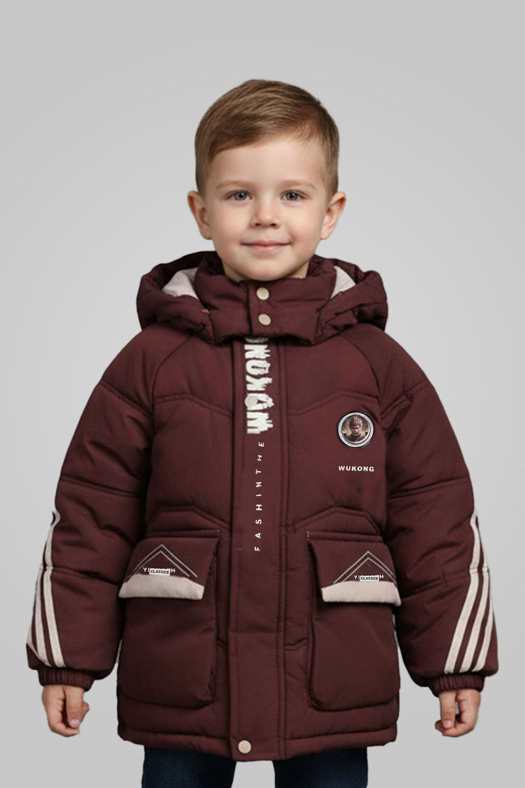 Button Placket Hooded Boys Kids Puffer Jacket